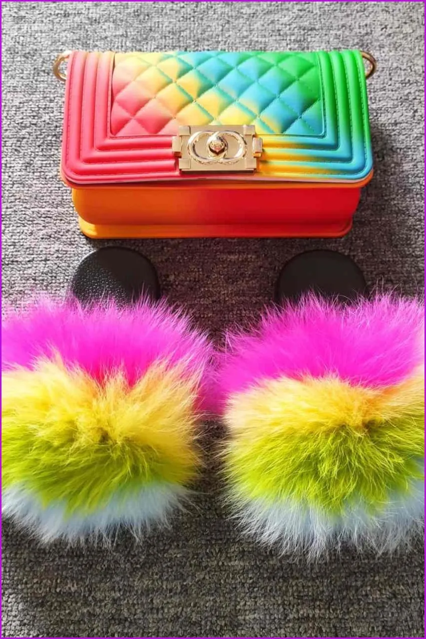 Kids Fluffy Slides & Purse Set F873