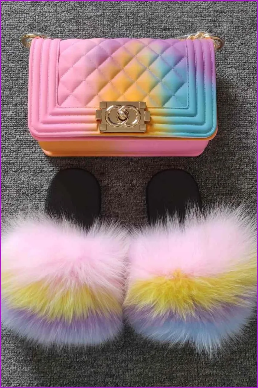 Kids Fluffy Slides & Purse Set F873