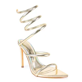 LAURENT-70 TUBULAR SPIRAL STRAP ON POINTED HEEL - GOLD