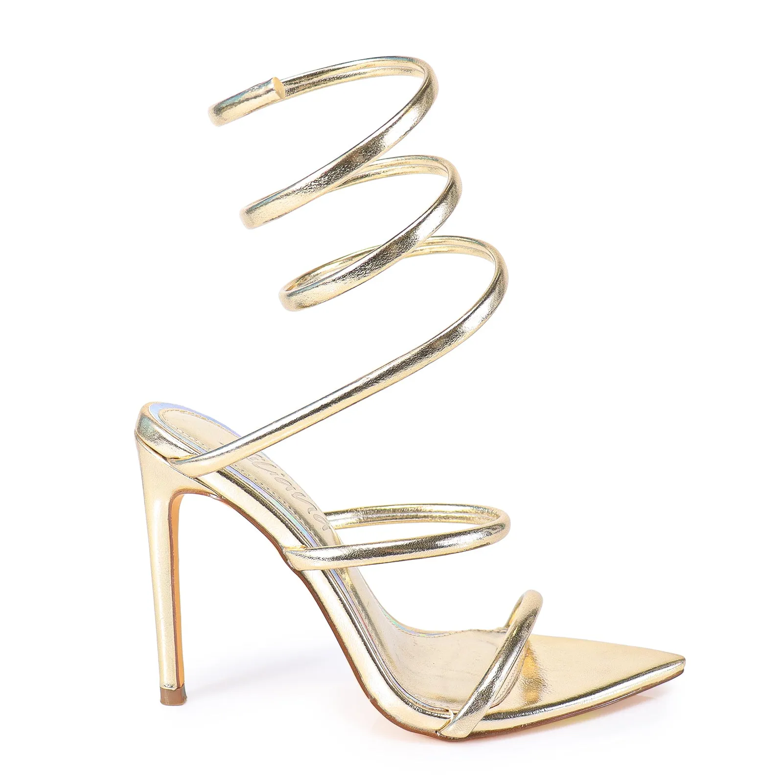 LAURENT-70 TUBULAR SPIRAL STRAP ON POINTED HEEL - GOLD