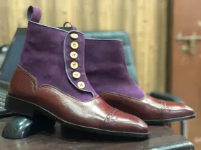 New Ankle Boots Brown & Purple Button Top Cap Toe Leather Suede Boot