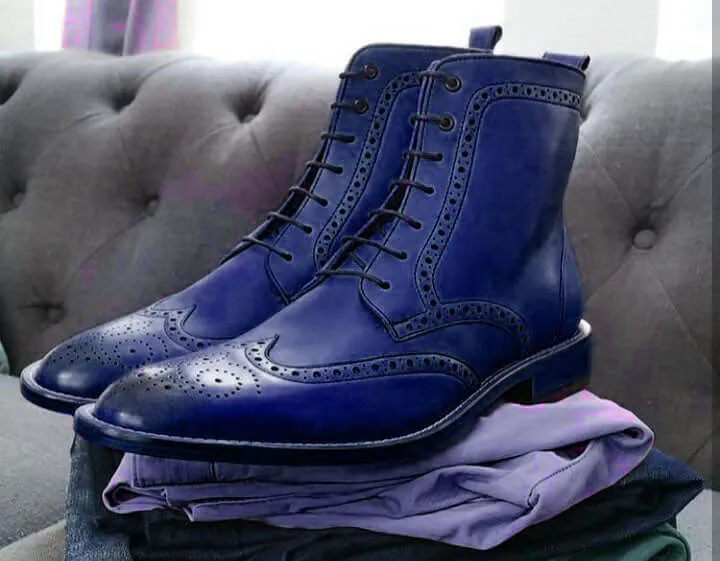 New Handmade Men's Wing Tip Brogue Leather Boot,Men Blue Ankle High Lace Up Boot