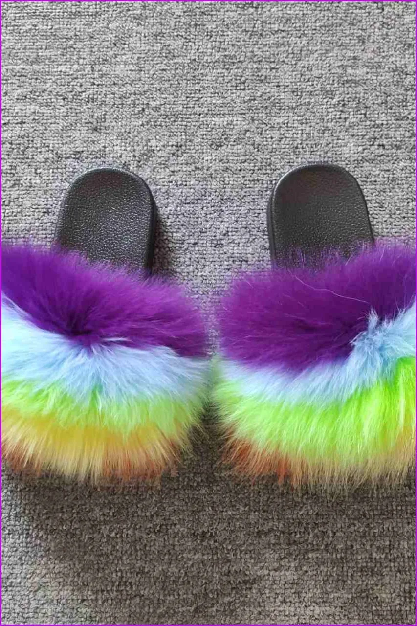 Purple Blue Green Yellow Orange Kids Fluffy Slides #7 F923