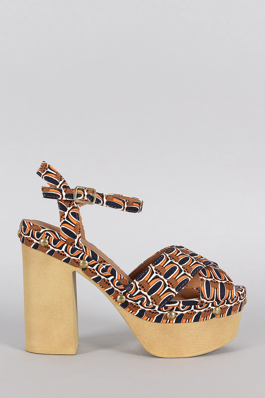 Qupid Abstract Print Studded Ankle Strap Chunky Platform Heel