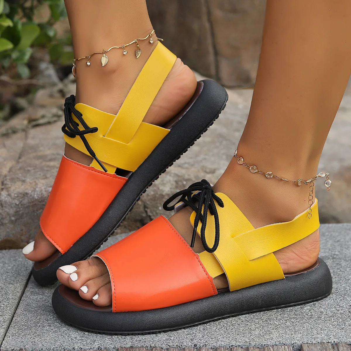 Roman Color-Block  Fish Mouth Flat  Sandals with Lace-up