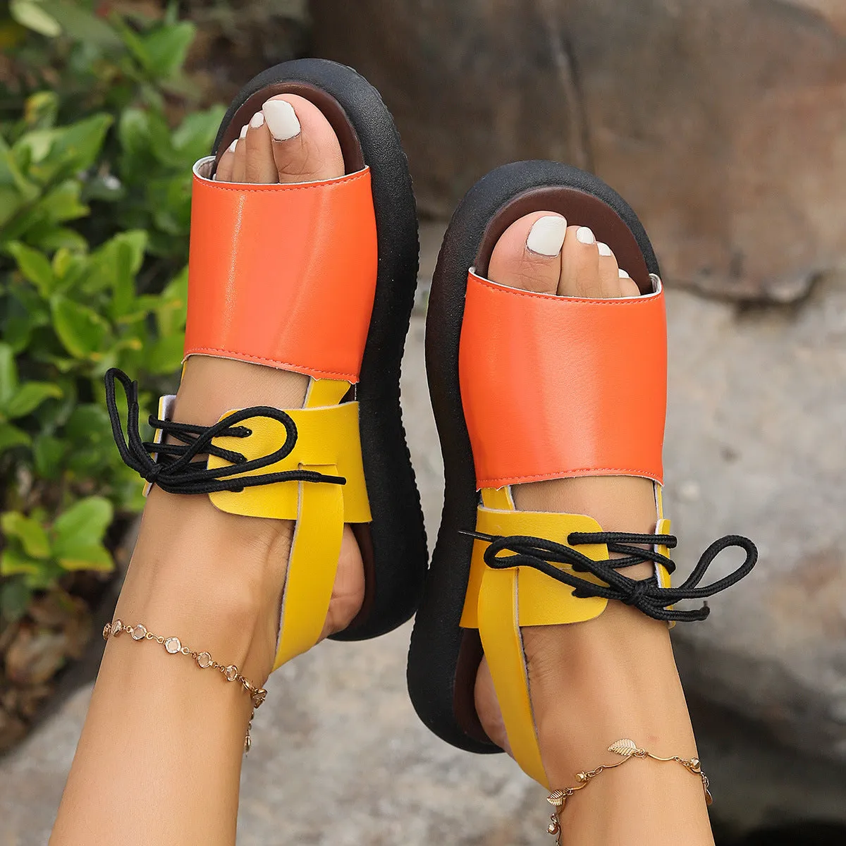 Roman Color-Block  Fish Mouth Flat  Sandals with Lace-up