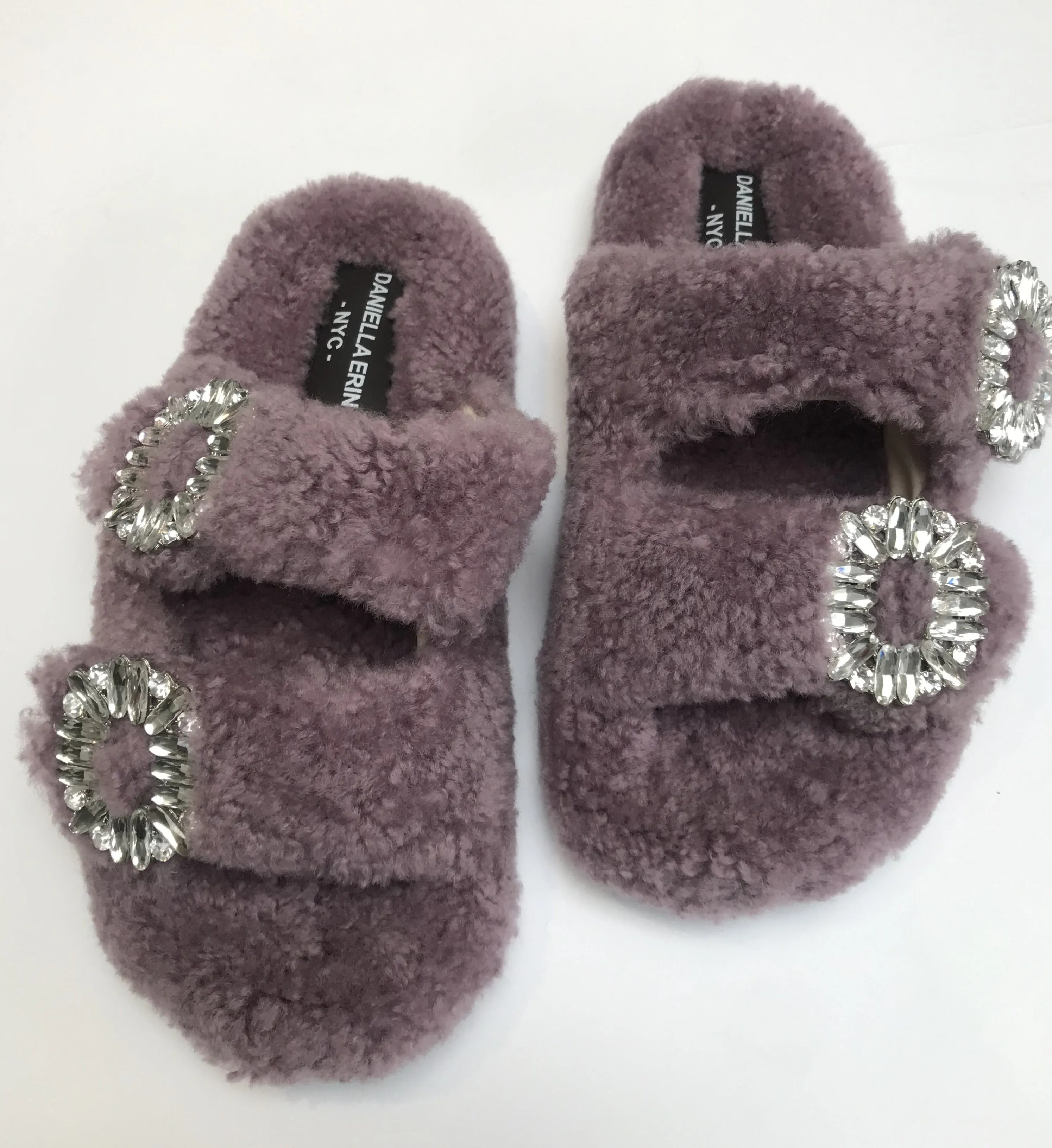 Shearling Slides with Crystal Buckles