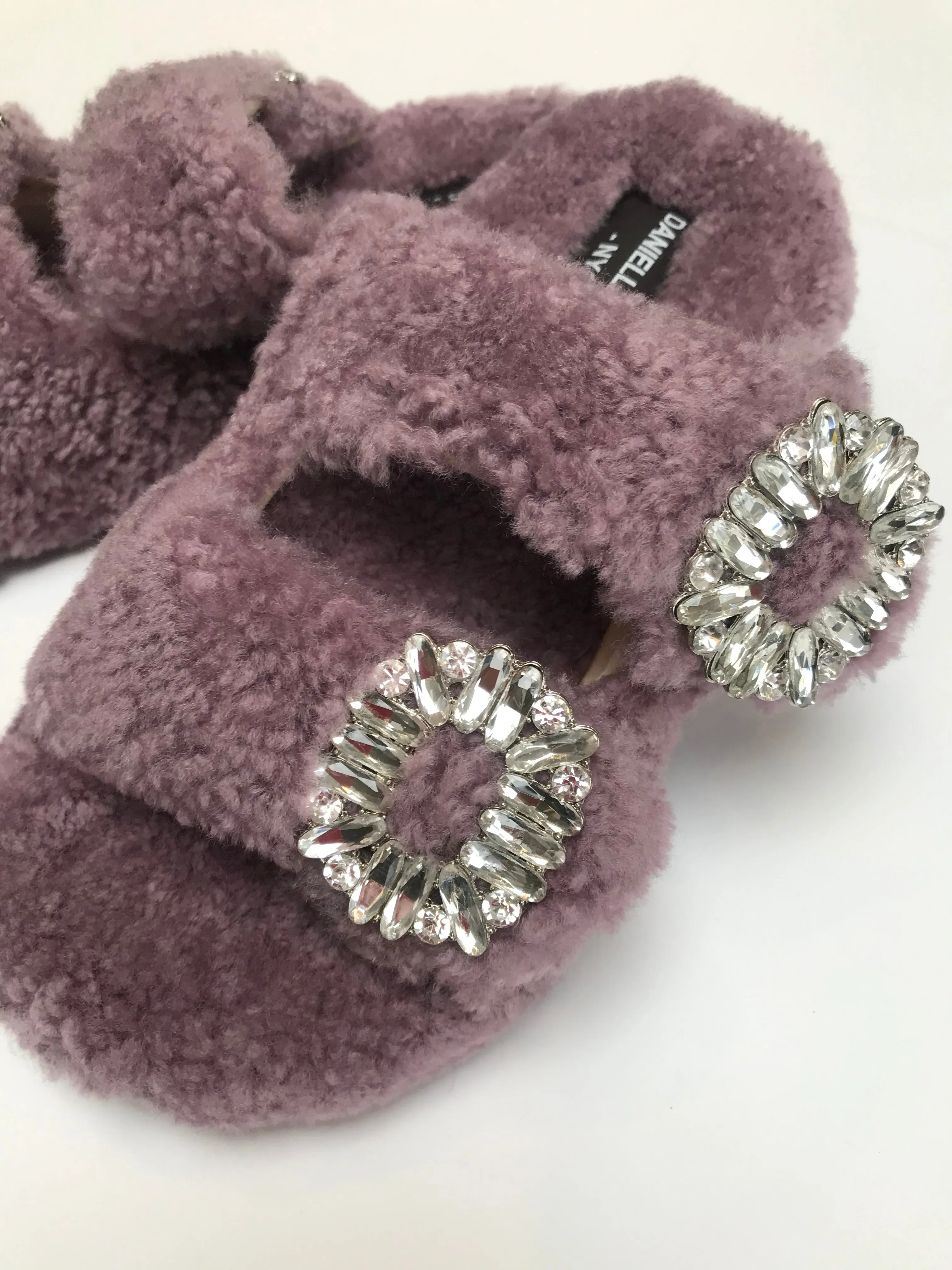 Shearling Slides with Crystal Buckles