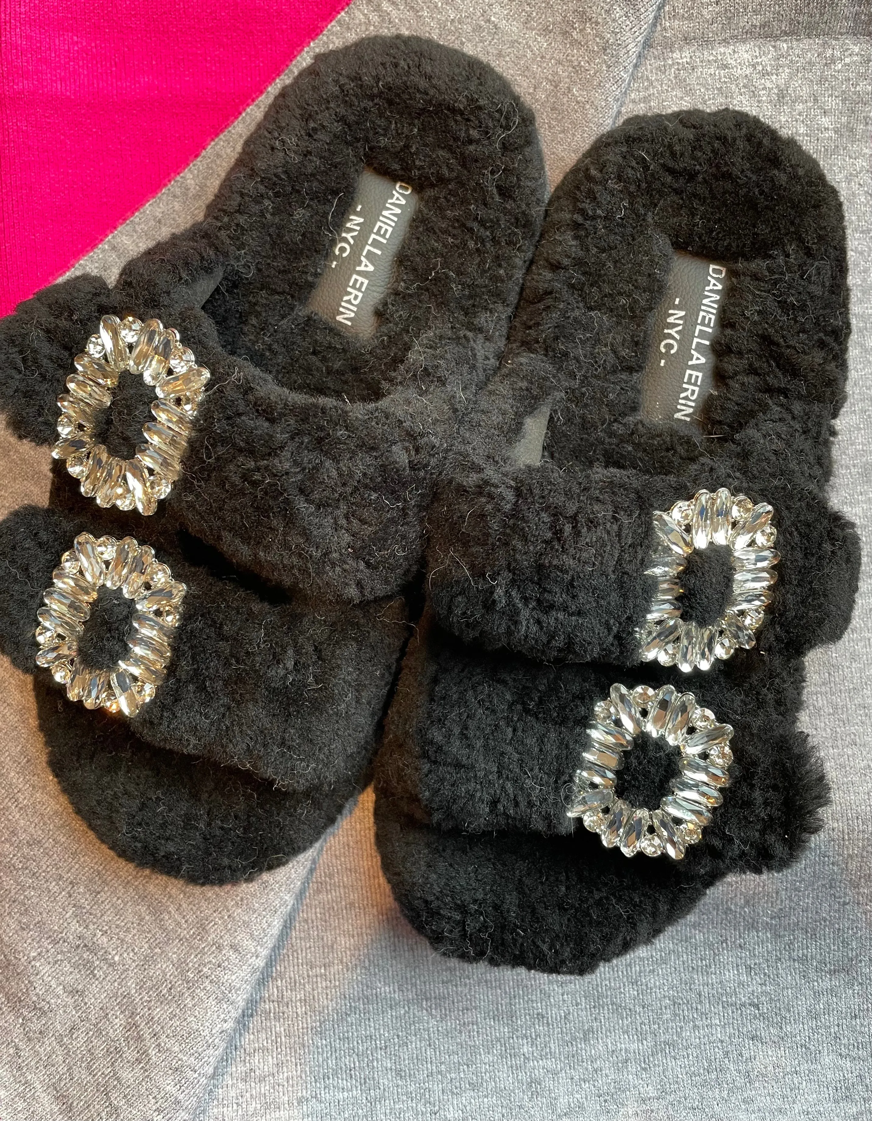 Shearling Slides with Crystal Buckles