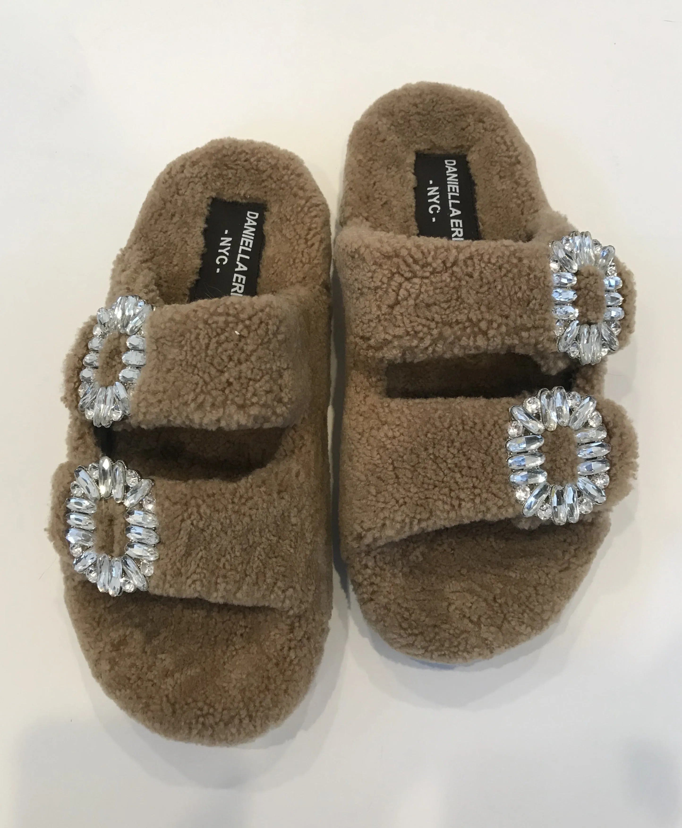 Shearling Slides with Crystal Buckles