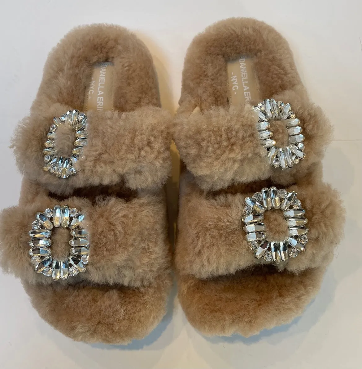 Shearling Slides with Crystal Buckles