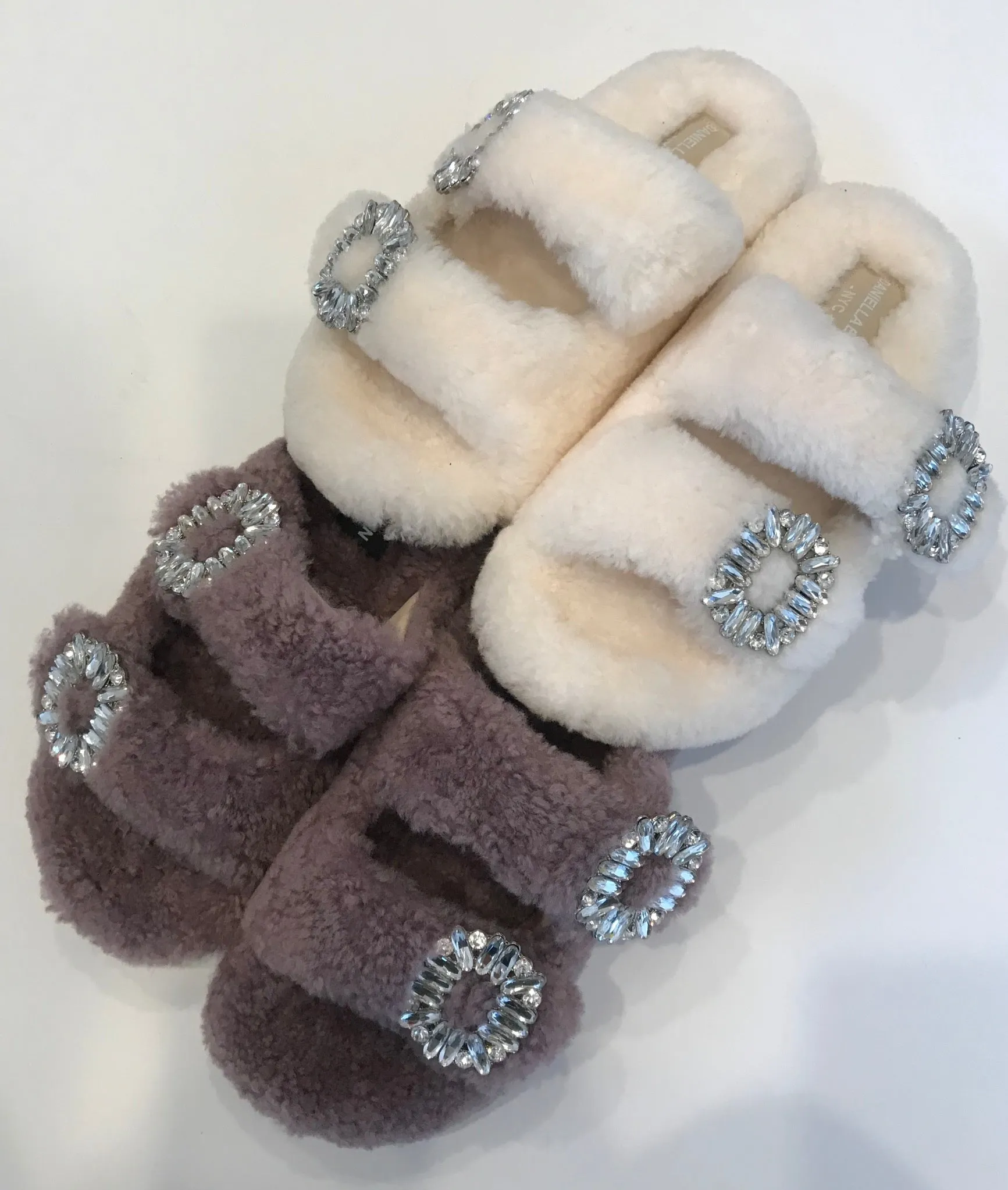 Shearling Slides with Crystal Buckles