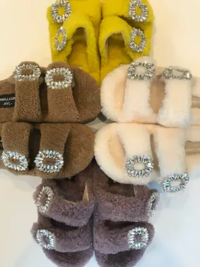 Shearling Slides with Crystal Buckles