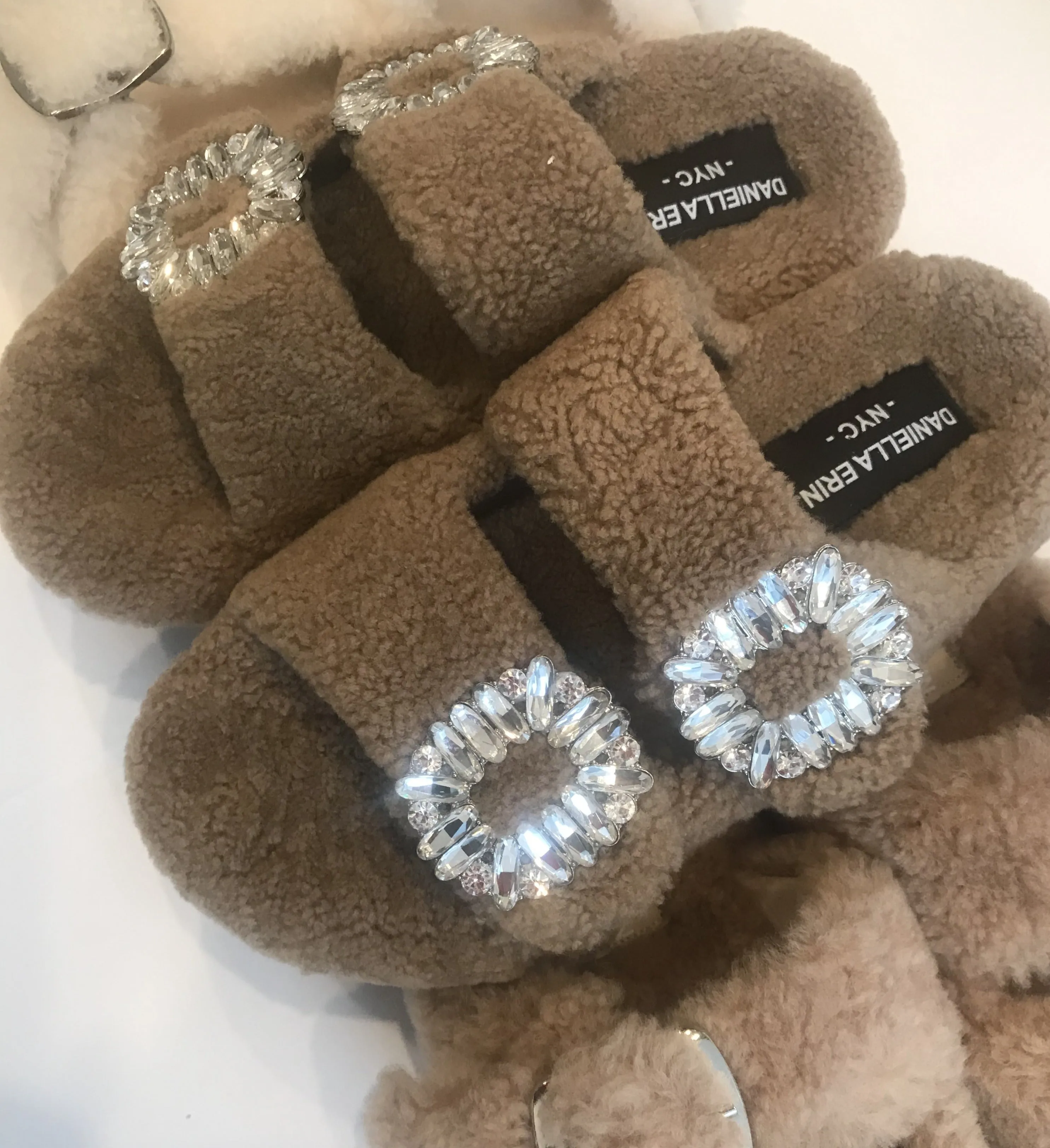 Shearling Slides with Crystal Buckles