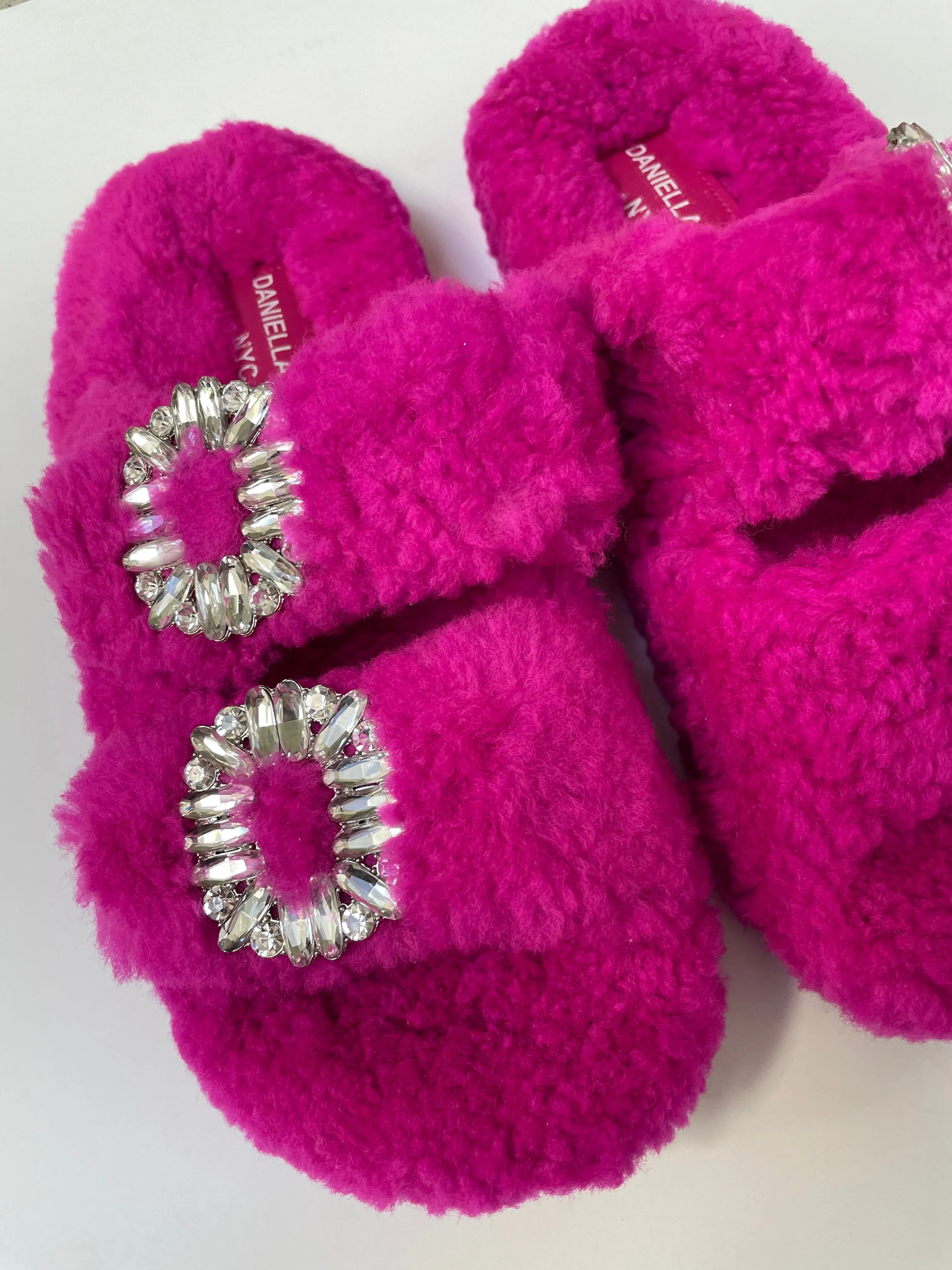 Shearling Slides with Crystal Buckles