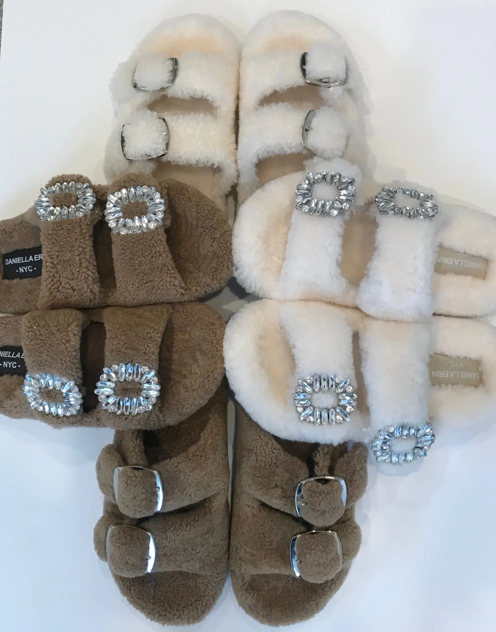 Shearling Slides with Crystal Buckles