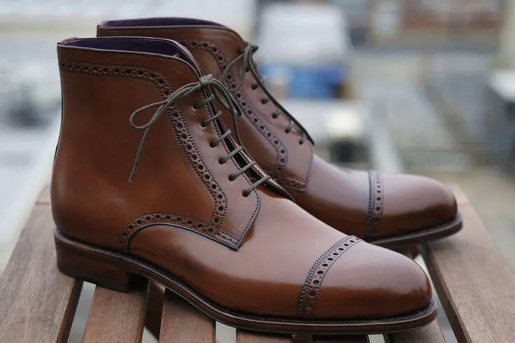 Stylish Men's Handmade Ankle High Brown Lace Up Cap Toe Boots,Men Custom Made Dress Boots