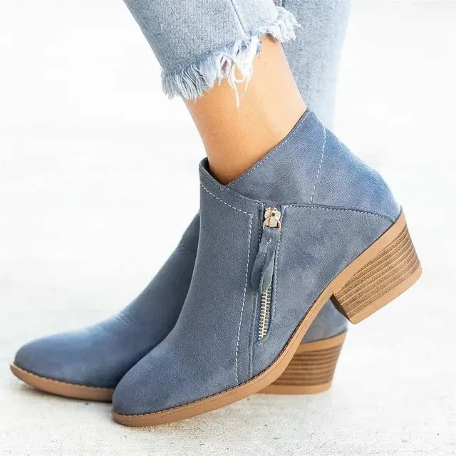 Suede Chelsea Side Zipper Heeled Ankle Boots