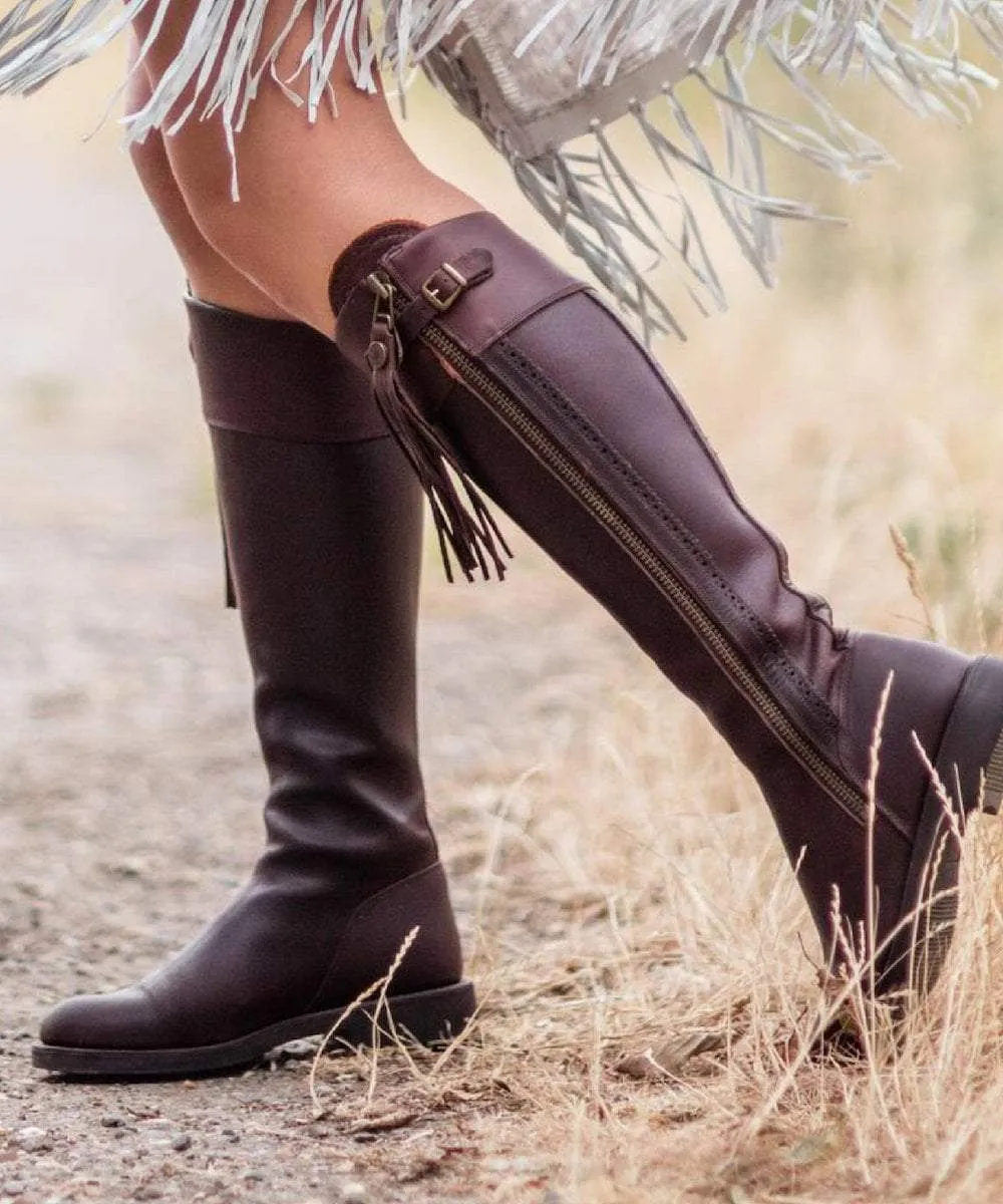 Tall Spanish Riding Boots Flat Sole - Brown