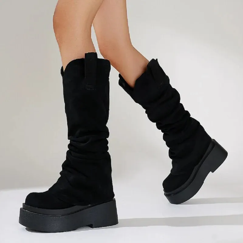 Trend4us Slouchy Suede Platform Knee-High Boots