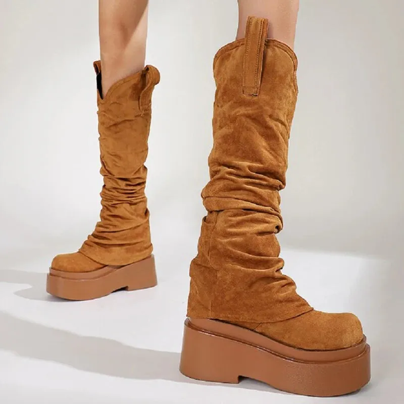 Trend4us Slouchy Suede Platform Knee-High Boots