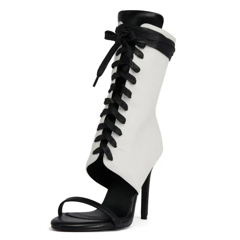 Trend4us Women's Lace-Up Peep Toe Stiletto Booties