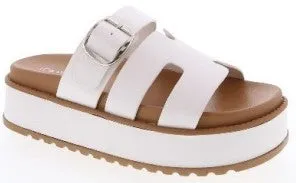 WOMENS BUCKLED STRAP FLAT PLATFORM SLIDES